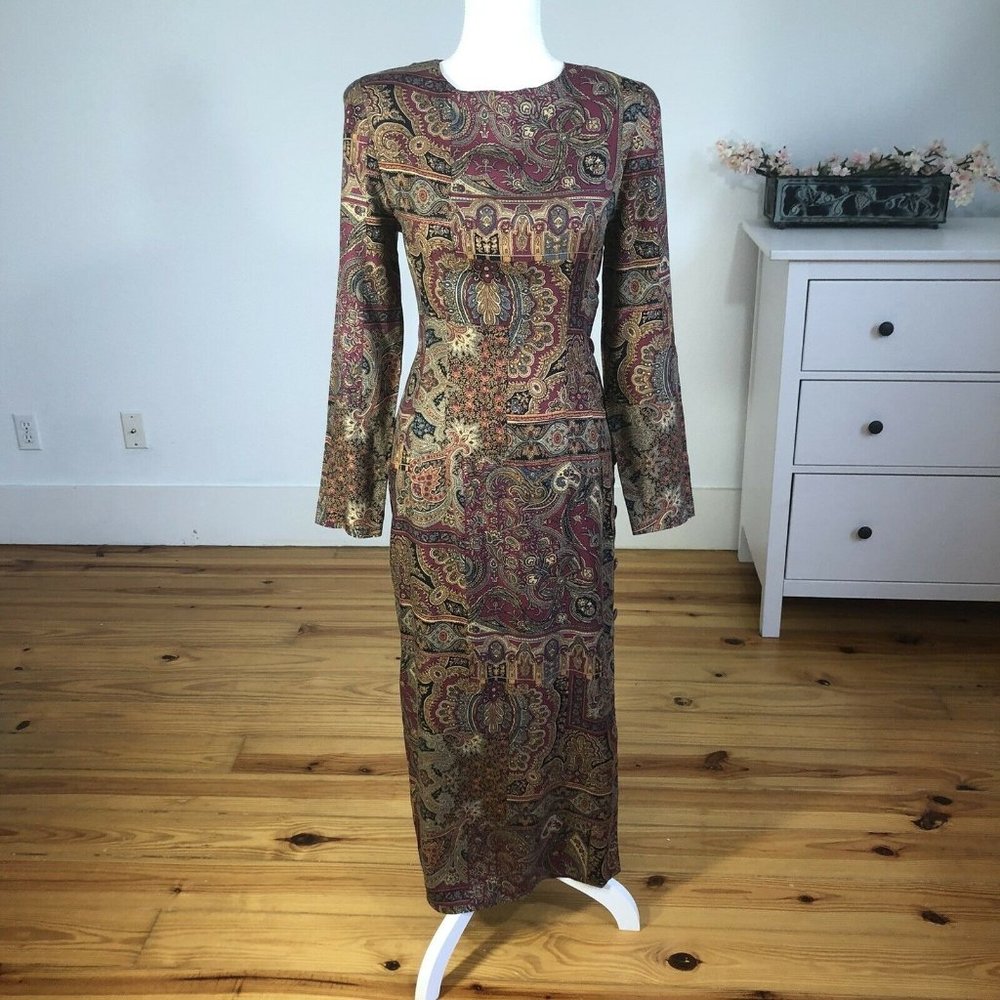 Vtg Sharon Young Long Sleeve Sheath Dress 4 Maroon